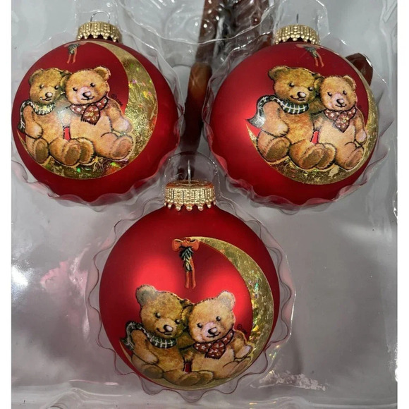 Hobby Lobby Red Glass Teddy Bears Moon Christmas Ornaments Round Balls Set Of 3 - Picture 2 of 2